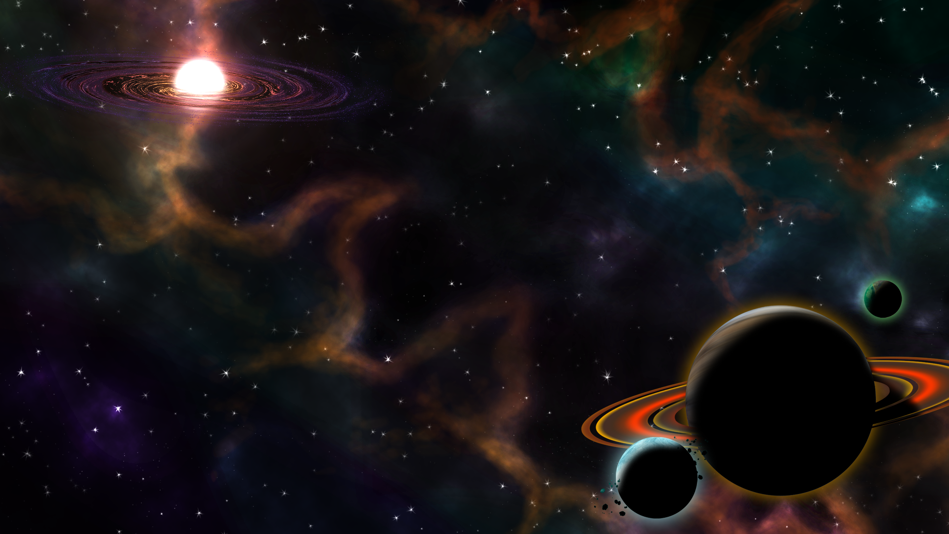 Three planets with a nebula and spiral galaxy in the distance